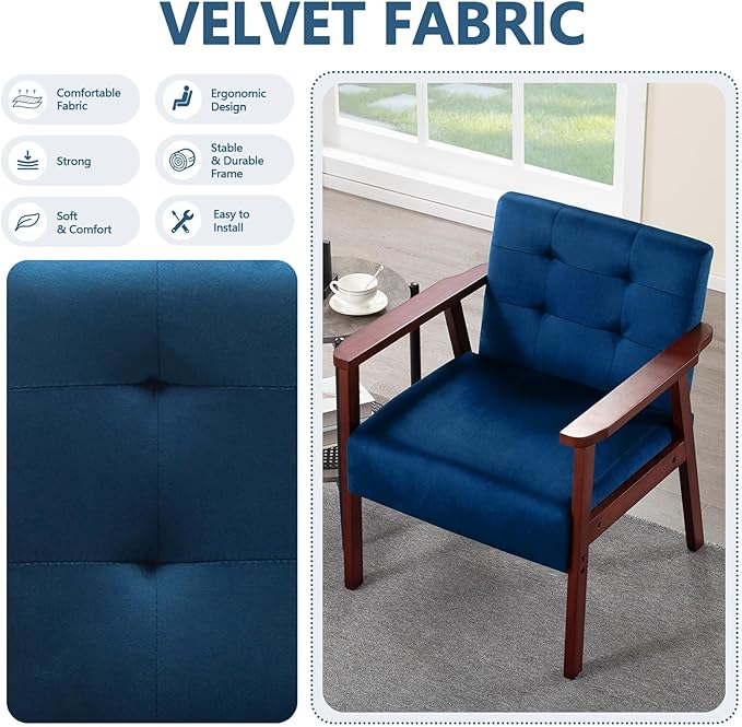 Anwick Mid-Century Accent ChairModern Velvet Living Room Chair with Solid Wood FrameComfy Armchair Lounge Reading Chairs for Bedroom Office Small Spaces (Blue)