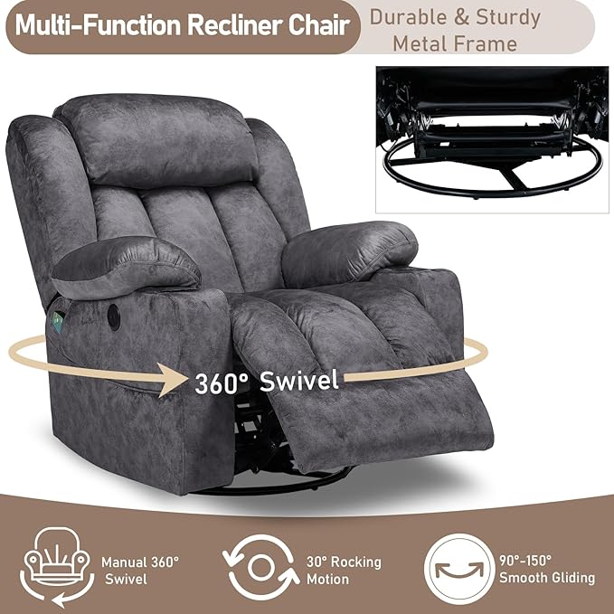 Swivel Rocker Recliner Chair with Heat and Massage Manual Glider Rocking Reclining Chair 360° Swivel Overstuffed Lounge Chair with 2 Cup Holders Side Pockets &amp USB Ports Fabric Grey