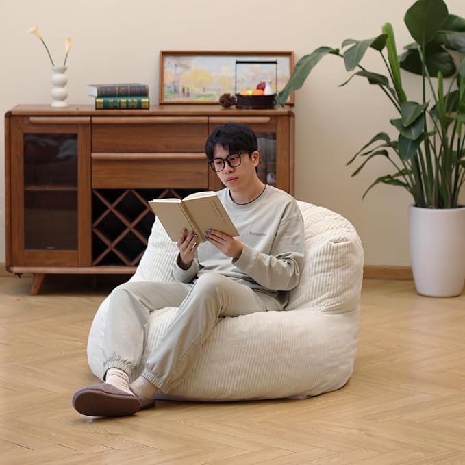 N&ampV Large Crescent Bean Bag Chair Adult Size Bean Bag Sack Foam Filling Soft Premium Corduroy Bean Bag for Living Room Bedroom Dorm and Office (Ivory)