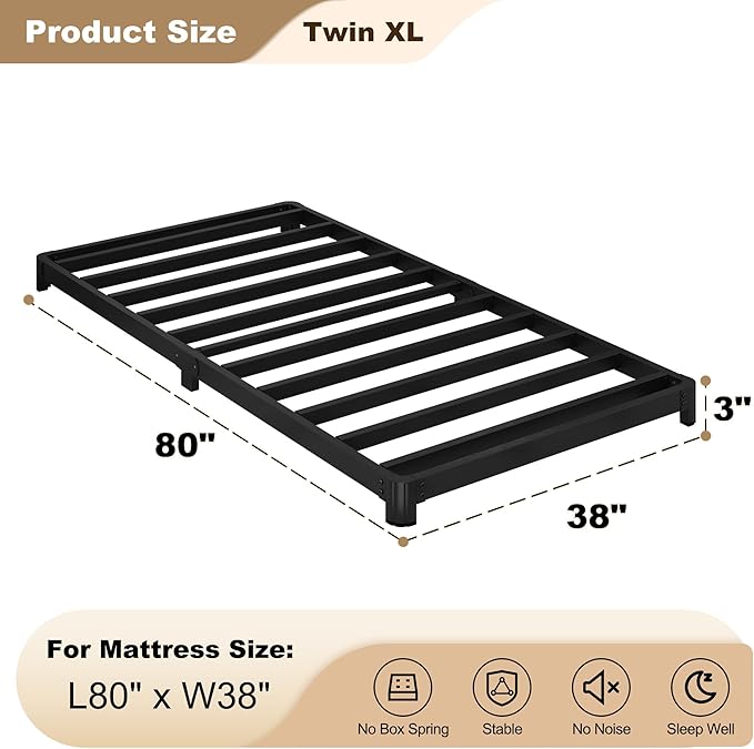 3 inch Low Twin XL Bed Frames with Rounded Corner Heavy Duty Metal Easy Assembly Noise Free Black