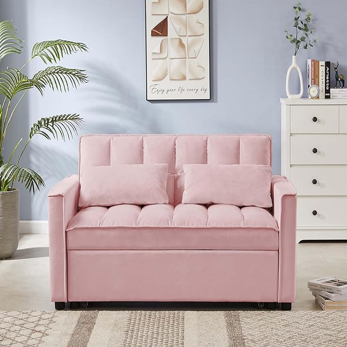 Sleeper Sofa Couch w/Pull Out Bed 53 Modern Velvet Convertible Sleeper Sofa Bed Small Love seat Sofa Bed with 2 Pillows &amp Side Pockets for Small Space Living Room Apartment Pink