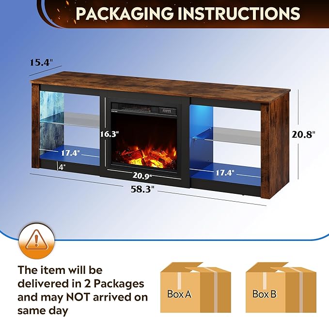 WLIVE Fireplace TV Stand for 65 Inch TV 58 Entertainment Center with Fireplace Modern TV Stands for Living Room Entertainment Center with Glass Shelves Rustic Brown