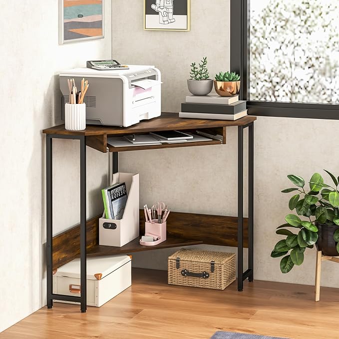 Corner Desk Triangle Computer Desk with Power Outlets Small Desk for Small Spaces Compact Makeup Vanity Desk with Storage Shelf &amp Keyboard Tray Home Office Workstation for Bedroom