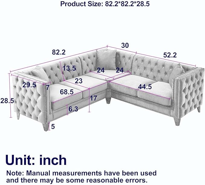 Antetek L Shaped Couches for Living Room Modern Button Tufted Velvet Sofa Couch with Square Armrests Inlaid with Gold Nail Heads Upholstered Corner Sofas for Living Room Office Apartment Beige
