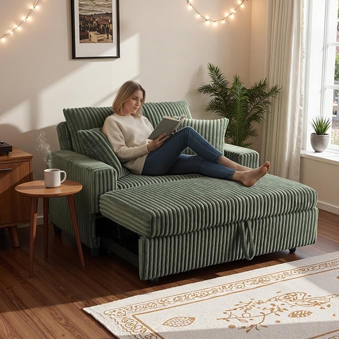 3 in 1 Convertible Sofa Bed52.8 Pull Out Couch with 2 Pillows and Side PocketsModern Corduroy Fabric Sleeper Loveseat with Adjustable Backrest for Living Room Bedroom Apartment (Green Corduroy)