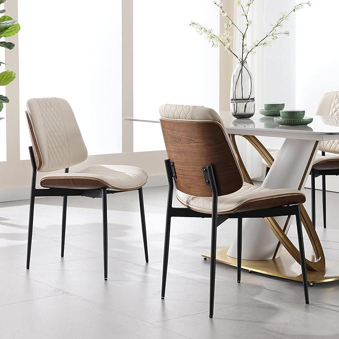 BV Dining Chairs Set of 2 PU Leather Armless Kitchen Chair in Modern Walnut Style Mid Century Bentwood Side Chair with Metal Legs Retro Accent Guest Chair for Kitchen Dining Room(Beige)