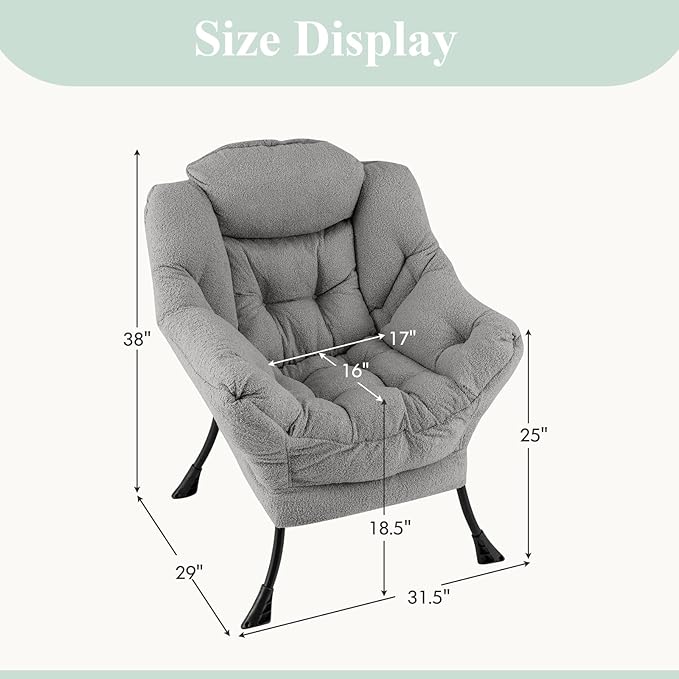GORELAX Modern Lazy ChairUpholstered Lounge Accent Chair Single Leisure Sofa Chair with Armrests &amp Side Pocket Comfy Reading Chair for Bedroom Living Room Dorm Room (Plush Grey)