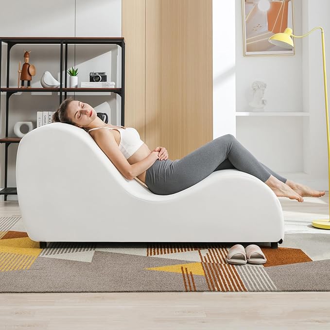 Mjkone 60.6 W Yoga Sofa Chair Chaise Lounge Chairs Indoor for Adults Bedroom Yogas Stretching Curved Velvet Yoga Lounges Chaise Chair for Living Room Relaxing Apartment Exercising Beige