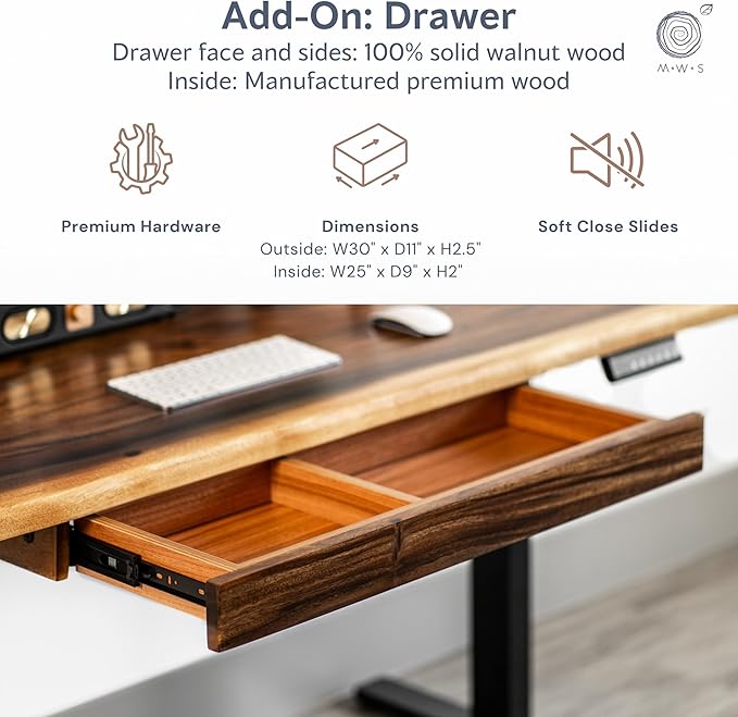 Standing Desk with Drawer – Walnut Solid Wood Desk Natural Live Edge Adjustable Height Dual Motor Sit Stand for Home Office (White W48 x D27)