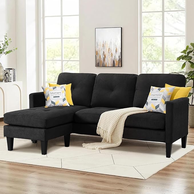 Convertible Sectional Sofa Couch for Living Room L-Shaped Couch 3 Seats Sofas Movable Ottoman Small Sofa Mid Century for Small Apartments Space Living Room and Office (Linen Fabric Black)