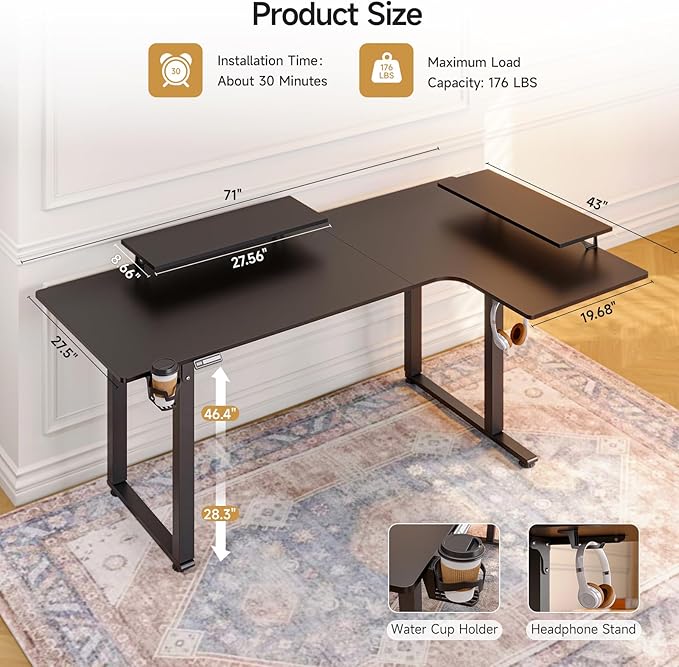 L Shaped Electric Standing Desk 71x43'' Computer Desks with 2 Monitor Shelves Dual Motor and Memory Controller Gaming Corner Desk Adjustable Height from 28-46'' for Home Office Workstation Black