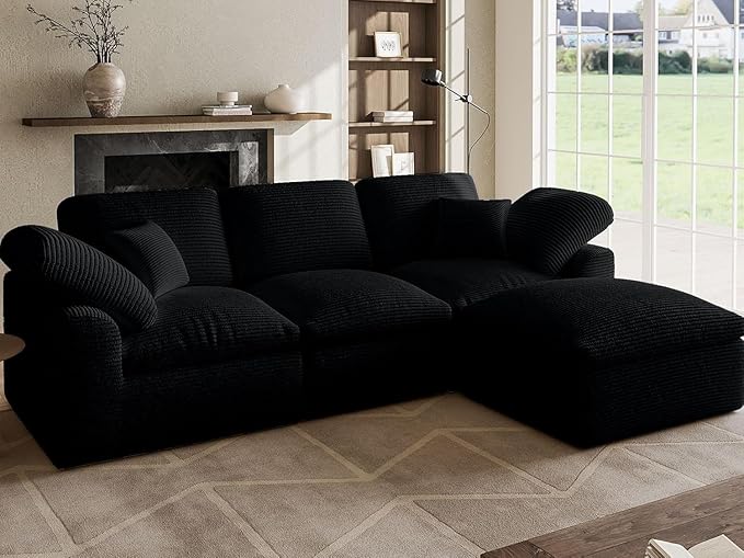 Cloud Sectional Couches for Living Room L Shaped Modular Sectional Sofa with Ottoman Convertible Corduroy Couch for Apartment 4 Seater Boneless Comfy Cloud Sofa No-Assembly Black