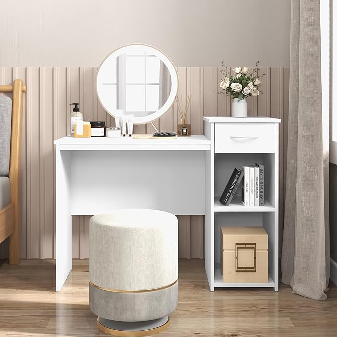 Computer Desk with Drawers 43.5’’ Writing Desk with Storage Shelves Wood Vanity Makeup Table Small Desk for Bedroom Living Room Study Home Office Small Space White (43.5'')
