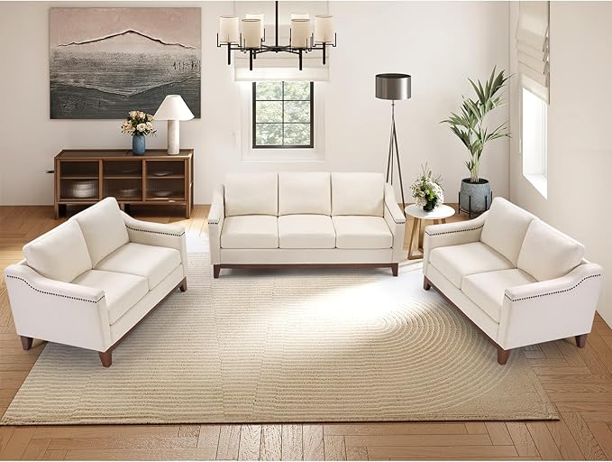 Modern 3 Piece Sofa Set with Rivets Included Chenille Loveseat 2-Seater Sofa Set of 2 and Upholstered 3-Seater Couches with Solid Wood Legs Living Room Furniture SetBeige
