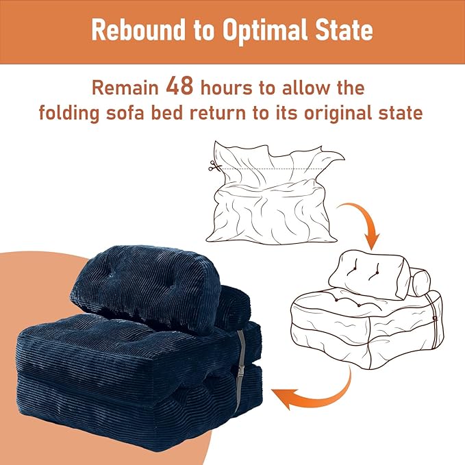 Folding Sofa Bed Convertible Sleeper Chair with Back Support and Pillow FutonBoneless Foldable Couch for Living Room/Guest Use/Home Office Foldable Chair Bed for Adults Navy Blue