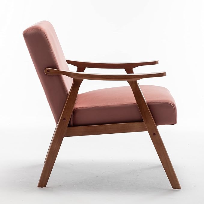 Mid-Century Modern Chair Living Room Chair with Solid Wood Frame Accent Chair Extra-Thick Backrest Wingback Chair for Bedroom Reading Room Lounge Chair Indoor (Velvet Pink)