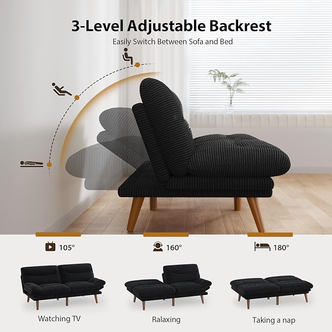 Pipishell Futon Sofa Bed Modern 66 Futon Couch Convertible to Bed &amp Lounger Compact Size Corduroy Loveseat Durable Construction - Fits Small Spaces ApartmentsStudy Room(Ink Black 66 Inch)