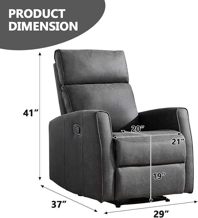EBELLO Fabric Manual Recliner Chair Modern Adjustable Lounge Reading Chair with Overstuffed Backrest Single Reclining Winback Couch for Living Room Bedroom Grey