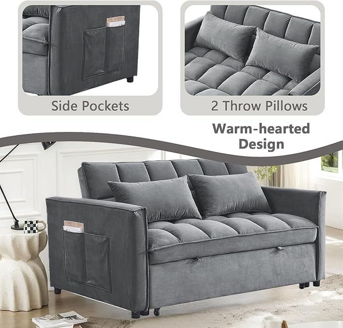 54 Convertible Sofa Bed Velvet Sleeper Sofa with Pull-Out Bed 3-in-1 Futon Couch with Reclining Backrest and Side Pocket Modern Loveseat for Living Room (Medium Grey)