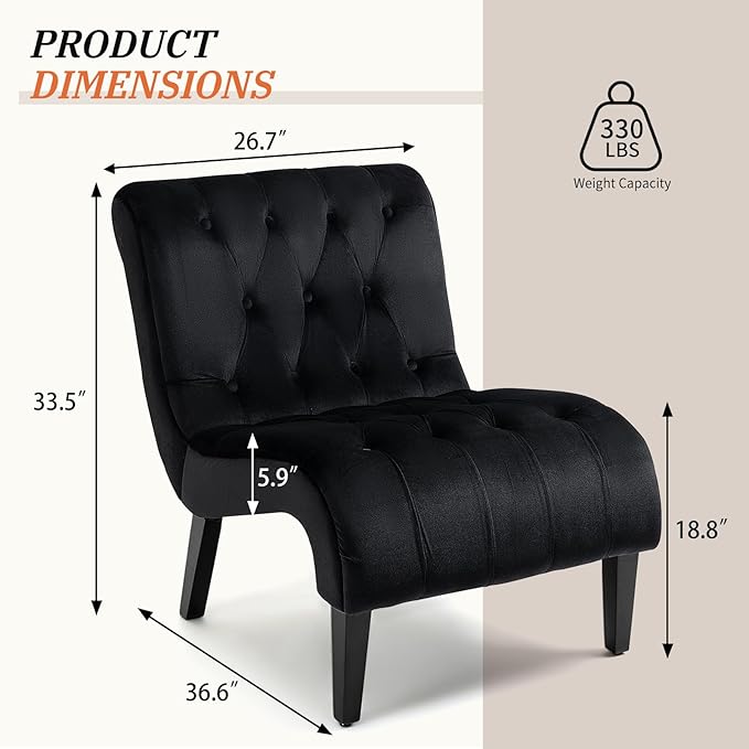 AVAWING Armless Accent Chair Set of 2 Upholstered Velvet Lounge Chair with Wood Legs Comfy Reading Chair for Living Room &amp Bedroom Black