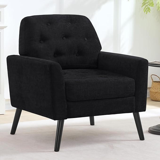 Accent Chair Set of 2 Mid Century Modern Living Room Chairs Upholstered Armchair with Tufted Back &amp Wood Legs Single Sofa Reading Side Chair for Bedroom Office Waiting Room Black