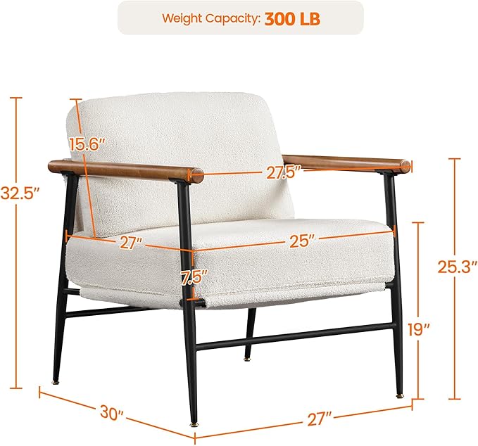 Yaheetech Accent Chair Modern Vanity Chair Boucle Fabric Lounge Chair with Metal Frame Plush Back Pillow and Seat Cushion Pocket Coil Seat for Living Room Bedroom Makeup Room Ivory