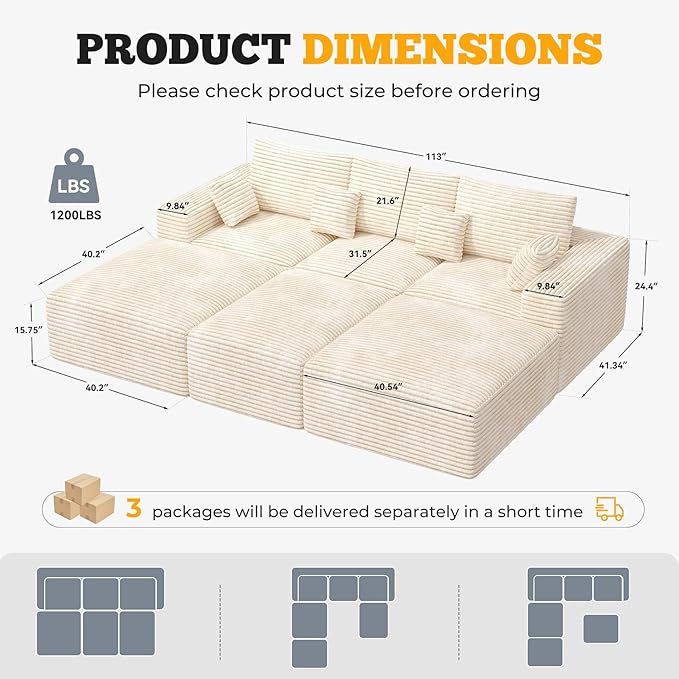 113 Modular Sectional Sofa Bed Convertible Cloud Couches for Living Room with Ottoman 6 Seater Corduroy Boneless Couch Sleeper Sofa Set No Assembly Required Beige 1 PCS
