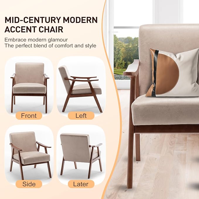 Mid-Century Modern ChairUpholstered Armchair Living Room Chair with Solid Wood Frame Comfy Reading Chairs Lounge Side Chair for Living RoomBedroomBelcony. (Light Camel+Fabric)