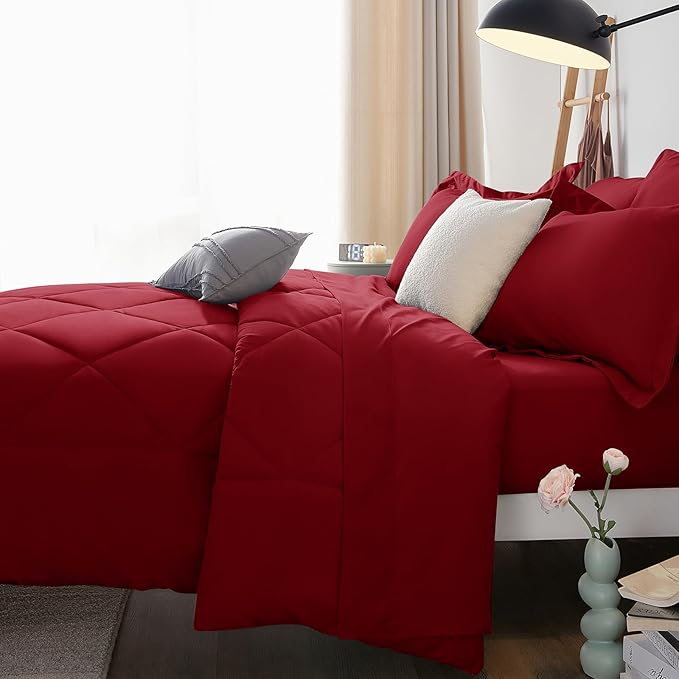 CozyLux Queen Comforter Set Dark Red - Bed in a Bag Queen Size 7 Pieces Luxury Soft Bed Set for All Seasons Bedding Set with Down Alternative Comforter Sheets Pillowcases &amp Shams