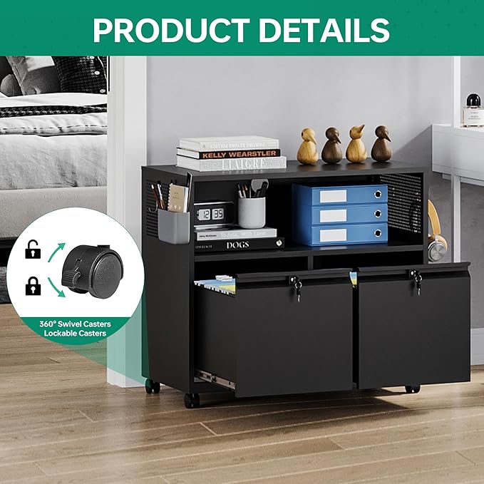 Letaya Mobile 2 Drawer File Cabinet with Lock Metal Lateral Printer Stand Filing Storage Cabinets with Shelves for Home Office-A4/F4/Letter (Black)