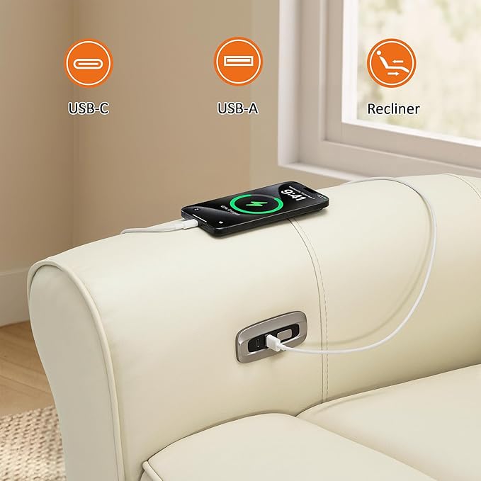 MCombo Power Wall Hugger Recliner Chair for Small Space RV Living Room USB &amp USB-C Charging Ports Modern Rolled Arm Recliner Faux Leather PR630 (Beige Medium)