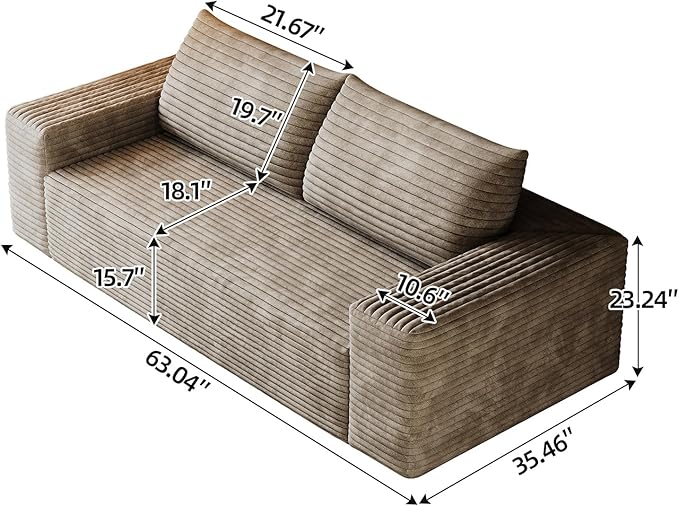 63-inch Boneless Loveseat Sofa Cloud Corduroy Floor Compressed Deep Seat Lounge Sofa Couch in A Box Comfy Fluffy Modern Plush Memory Foam No Assembly Couch for Living Room Bedroom Office Camel