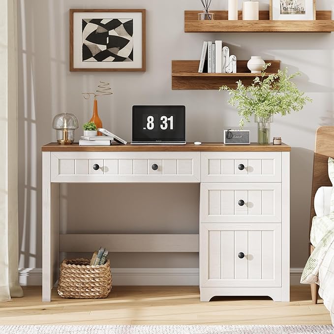 Farmhouse Executive Desk with File Drawer Home Office Desk with 4 Drawers Wood Computer Desk with Storage Rustic Office Desk for Work Study Writing Brown White