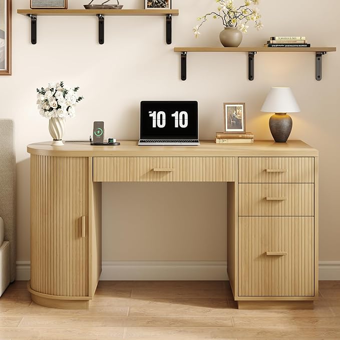 ONBRILL 58 Inch Fluted Executive Desk Computer Desk with Storage Drawers &amp File Drawer Modern Home Office Desk with Charging Station for Working Studying Writing Oak