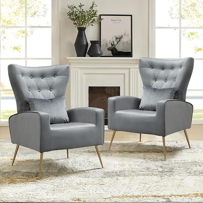 Velvet Accent Arm Chairs Set of 2 Mid-Century Armchairs with Wingback &amp Lumbar Pillow for Living Room Bedroom Guest Reception Chair for Office Button-Tufted Gold Finish Grey