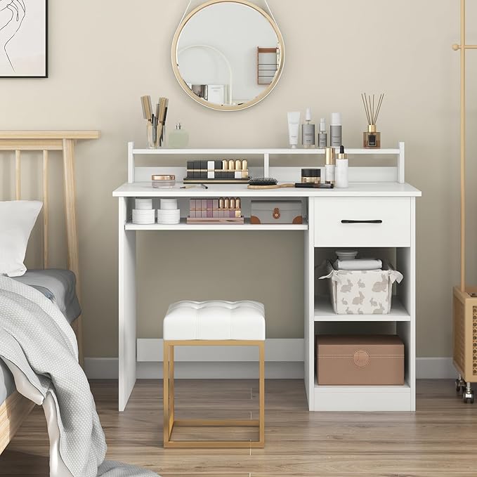 GOFLAME White Computer Desk with Charging Station Type C Port Modern Writing Desk with Drawer Removable &amp Adjustable Shelf Keyboard Tray Home Office Laptop Desk with Hutch for Bedroom Study