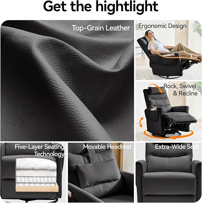 AIRSKY Leather Recliner Chair Top Grain Leather Italian Water-Washing Process Glider Rocking ChairSwivel Rocker Recliner Movable HeadrestNursery Rocking Chairs Single Reclining Chair BlackR3