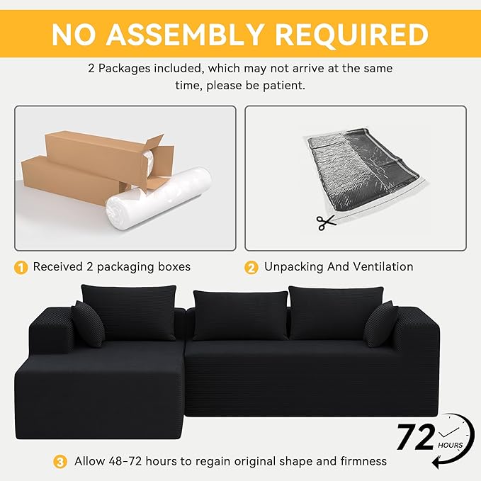 ALISH 111 Inch L-Shaped Cloud Sectional Sofa Couch Compression Couch with Chaise Modular Deep Seat Boneless Design for Easy Setup Plush Upholstered Living Room Bedroom Apartment Furniture Black