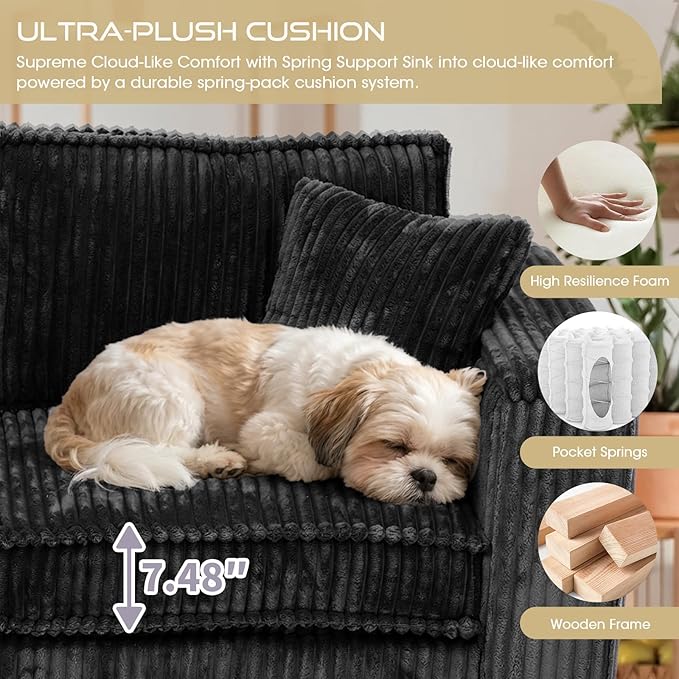 97 Inches Corduroy Couch with 2 Pillows Deep Seat Sectional Sofa Armrests with Two Hidden Storage Space Corner Couch Oversized L Shaped Cloud Couches for Living Room Black