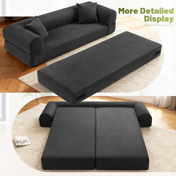 Convertible Futon Sofa Bed80 Folding Pull Out Couch Bed with Pillows &amp StorageQueen Sleeper Sofa BedCompressed Couch in a BoxCorduroy Boneless Couches for Living RoomDeep Gray