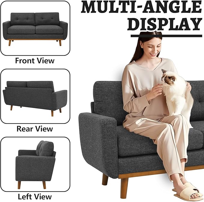 68“ Mid Century Modern Loveseat Sofa for Small Living Room Rraditional 2 Seater Couch for Office Apartment Bedroom Mini|Small|Vintage|Wood Frame|Chenille Fabric|600 LBS|Tufted (Dark Grey)