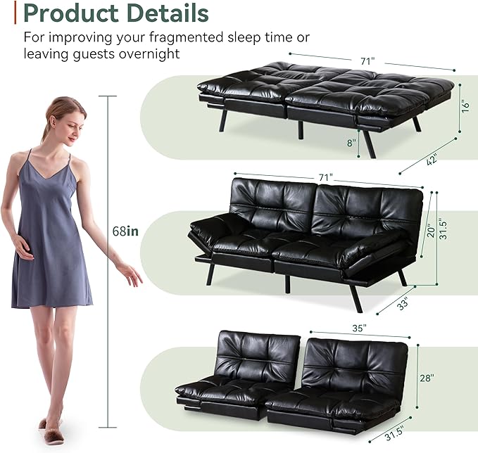 Opoiar 71 L Covertible Futon Sofa BedFaux Leather Futon Couch Memory Foam Modern Loveseat Sleeper Small Splitback Sofa Couches for Living RoomRVHome OfficeApartmentBlack