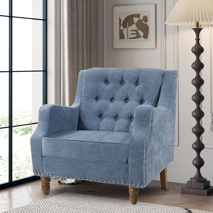 Blue Accent Chair Living Room Chair Footrest Chair Set with Vintage Brass Studs Button Tufted Upholstered Armchair for Living Room Comfy Reading Chair for Bedroom Reception Room