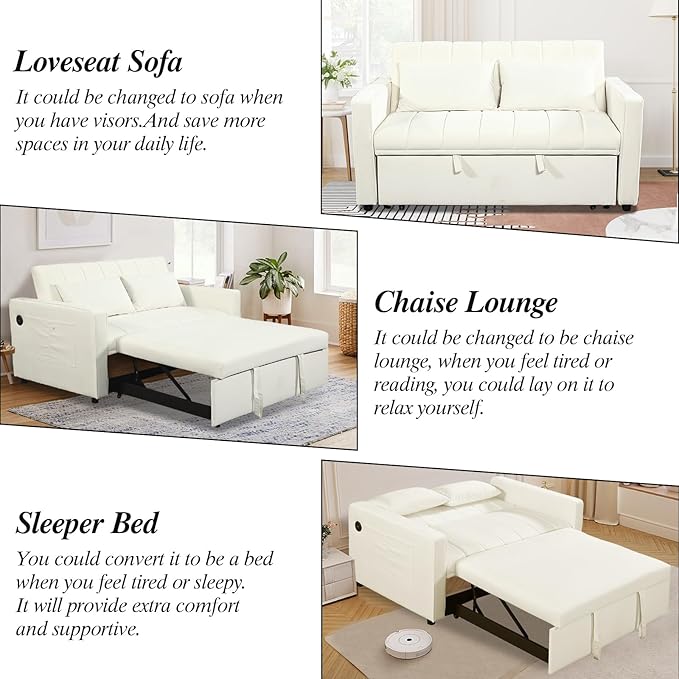 Sleeper Sofa Velvet Pull Out Sofa Bed Convertible Sofa Adjustable Backrest Loveseat Sofa Couch with USB Charging &amp Side Pocket for Living Room OfficeSmall Space-Beige