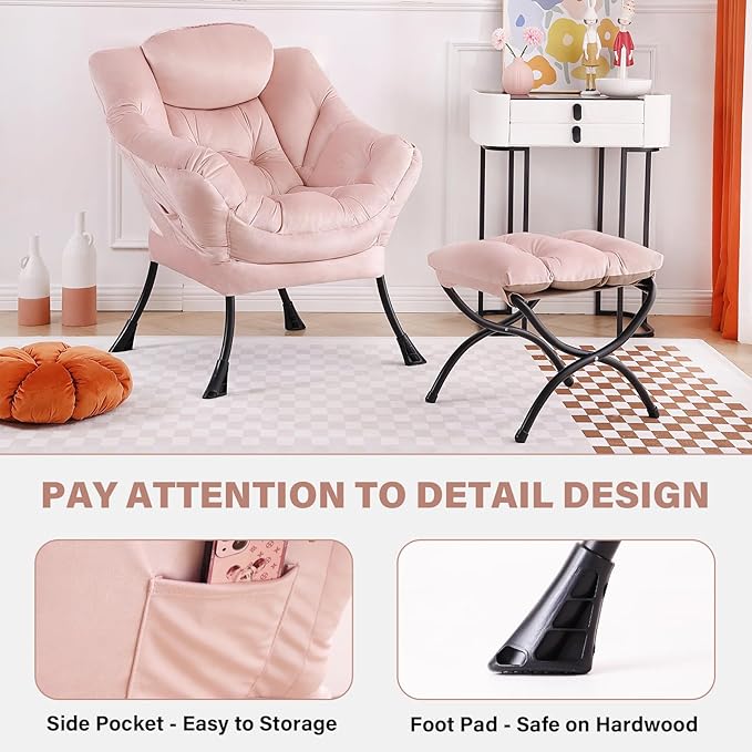 Tiita Lazy Chair with Ottoman Pink Modern Large Accent Chair Comfy Leisure Sofa Armchair with Ottoman Reading Chair with Footrest for Bedroom Living Room Dorm Rooms Velvet Pink