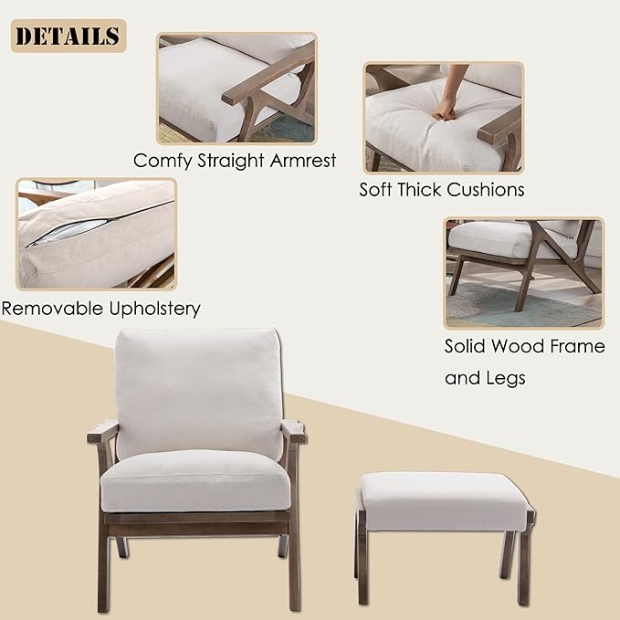 chairus Mid-Century Modern White Linen Accent Chairs with Ottomans Set of 2 Comfy Upholstered Lounge Armchairs with Solid Wood Frame Fabric Reading Chairs for Living Room Bedroom Office