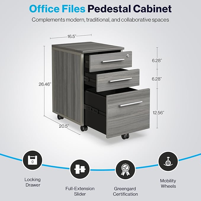 NBF Office Files Pedestal Cabinet - 3 Drawer File Cabinet with Lock - Laminate Office Filing Cabinets - Modern Mobile File Cabinet Document Storage (26 H Warm Ash)