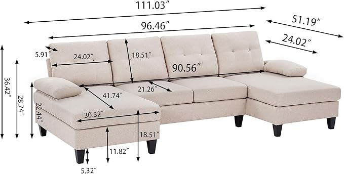 111 Sectional Couch for Living Room 4 Seater U-Shaped Sofa Couches with Double Chaise Polyester Fibre Beige