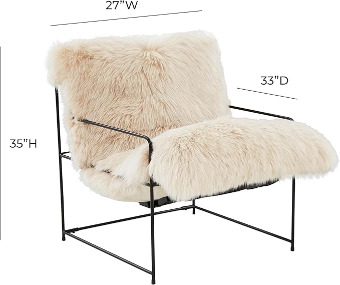 First of a Kind Cozy Natural Genuine Sheepskin Accent Chair - Bedroom Chair with Modern Iron Frame - 440 lbs Capacity Sumptuous Upholstery - Fully Assembled 27 W x 33 D x 35 H