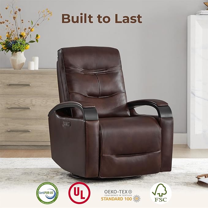 CHITA Genuine Leather Power Swivel Glider Rocker Recliner FSC Certified Mid Century Modern Recliner Chair for Adults Adjustable Power Headrest for Nursery and Living Room Cognac Brown